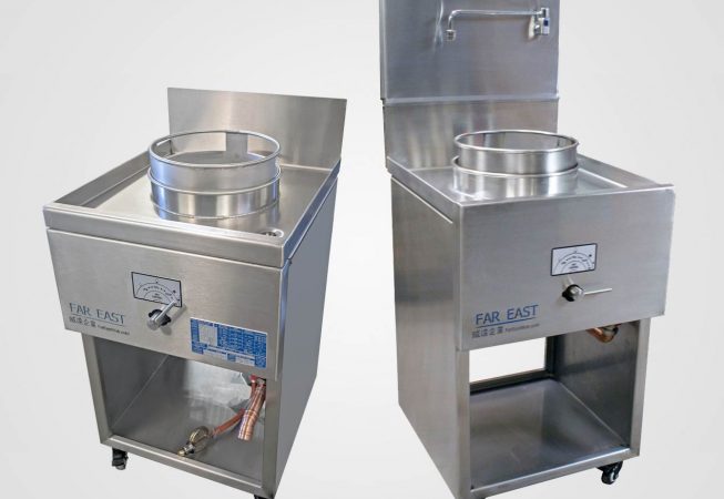 Compact wok cooker (CED1). LEFT: standard base model with included LPG regulator. RIGHT: natural gas with tap spout and splashback (D1T) and mains waste connection (D1W) options